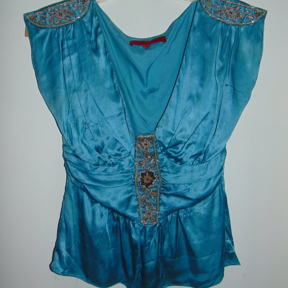Lapetina & Lomeli Womens Blue Silk Sleeveless Beaded Top Blouse India Chic Boho